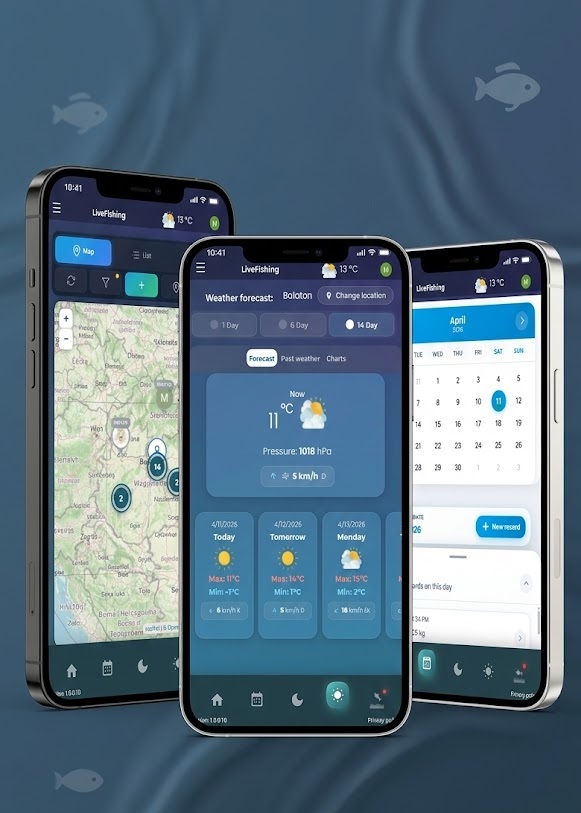 Live Fishing app screenshots - Map, Weather, and Calendar views