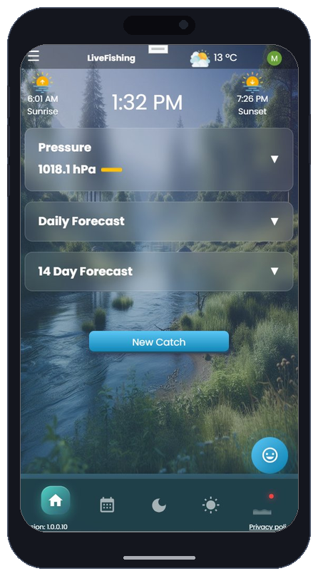 Live Fishing home screen with catch map overview